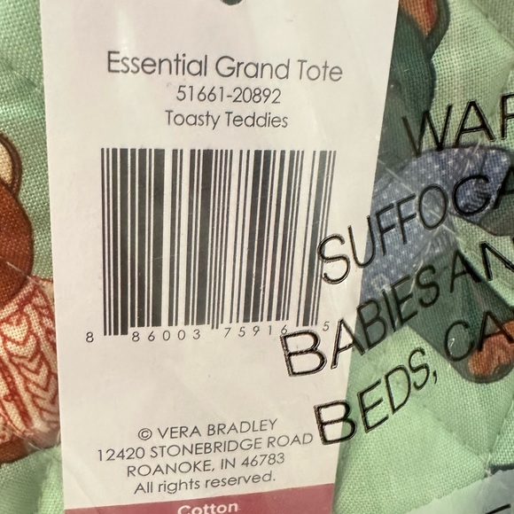 Vera Bradley Essential Grand Tote - Toasty Teddies, Teddy Bears on Sage Green - Picture 5 of 6
